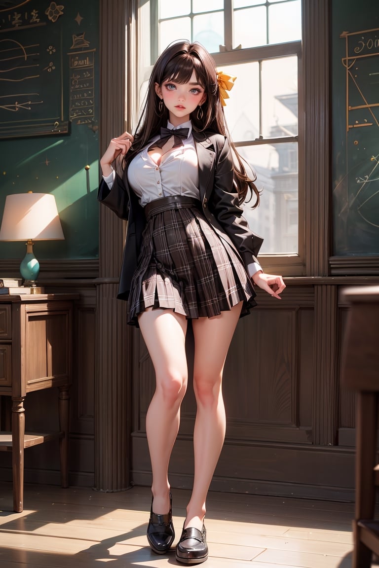 (full body: 1.5), {masterpiece: 1-5}, {big breasts: 1-3}, 1 girl, young woman, beautiful Girl ,{extremely detailed and delicate anime face and eyes: 1-5}, {whole body: 1-3}, {natural light, HDR, extremely details CG: 1-3}, {dynamic posture: 1-3}, {correct body anatomy}, {wide hips: 1-5}, {perfect hands: 1-5}, single focus, toned body, wide hips, Beautiful Lips, thick lips, {surreal}, {correct posture}, {minutes details}, {detailed body}, {detailed clothing}, {Bright Eyes}, {cleavage: 1-3}, {accessories}, {sexy}, {solo}, Korean school uniform, open short coat, Plaid short coat, (High waist pleated skirt: 1.5), (Plaid skirt: 1.3), high waist skirt, Strap pleated skirt, white shirt, drawstring shirts, pearl bow tie, Hakama bow, bodystocking, black loafers, jewelry, earrings, (dark brown hair: 1.5), (low tied long hair: 1.3), (straight hair: 1.5), nape hair, turquoise eyes, (School: 1.5),