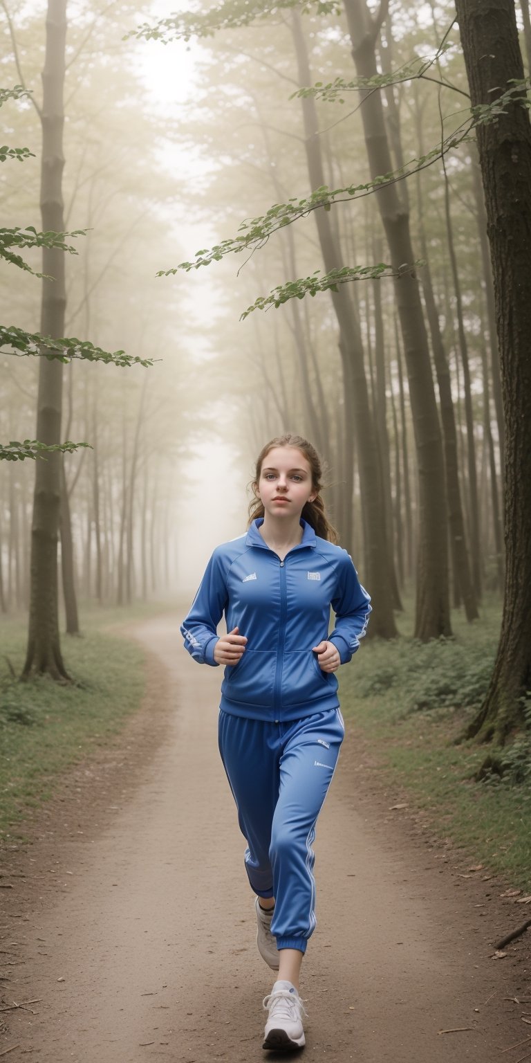 18yo girl, jogging, blond_hair, masterpiece, best quality, ultra detailed, hyper realistic, jogging, natural, no_makeup, aesthetic, velvet track suit, morning, sun, mist, forest lake, halation, analog, In the style of realistic hyper - detailed. ((full-body. Facing the viewer)). (((35mm, style raw))). cinematic still frame , halation effect,

,cutecore vaporwave style