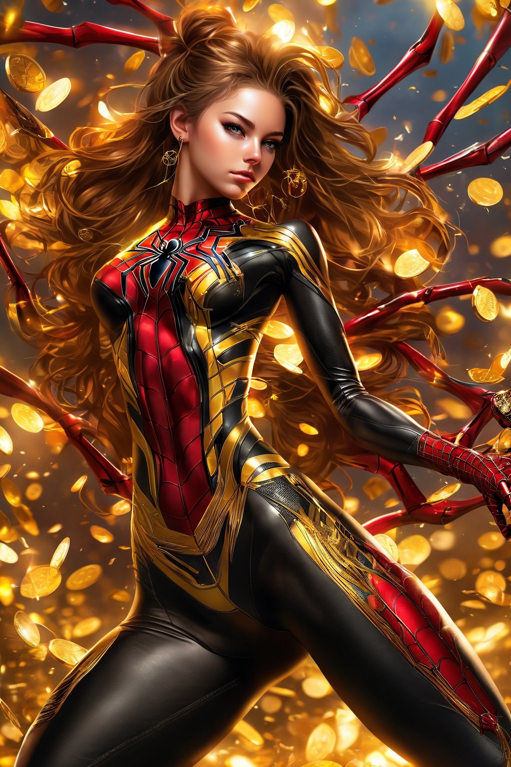 photograph of a beautiful 19 year old woman, delicate features, full body, long hair, ponytail, earrings, hair ornaments, iron spider suit, flirtatious energy, gradient burn, masterpiece nsfw, epic nsfw, funny, cute and sassy, wink, perfect aspect,perfect features, gorgeous, amped stripper,EpicLogo NSFW. money pile background perfect breasts