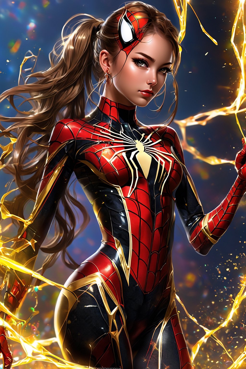 photograph of a beautiful 19 year old woman, delicate features, full body, long hair, ponytail, earrings, hair ornaments, iron spider suit, flirtatious energy, gradient burn, masterpiece nsfw, epic nsfw, funny, cute and sassy, wink, perfect aspect,perfect features, gorgeous, amped stripper,EpicLogo NSFW. money pile background perfect breasts