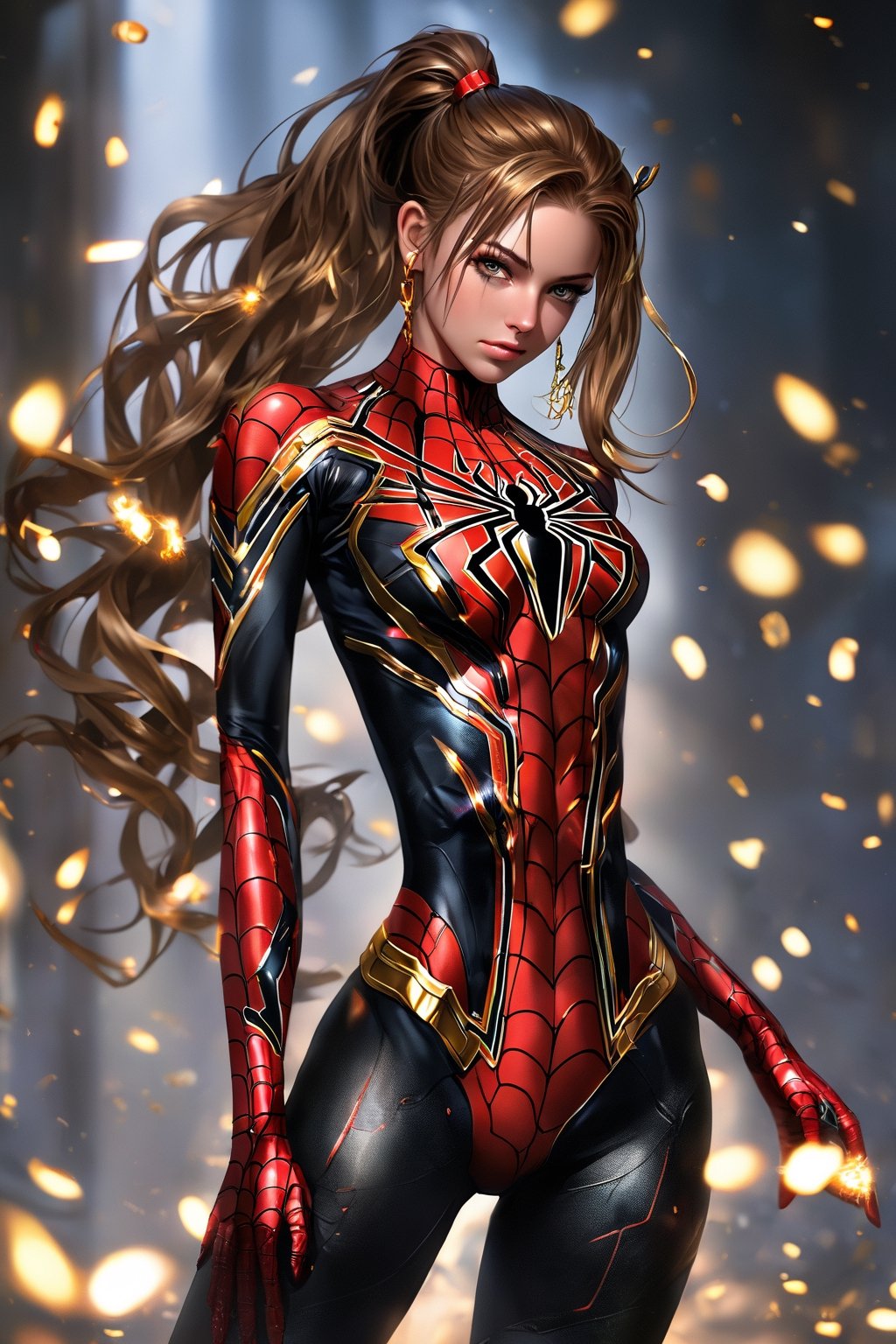 photograph of a beautiful 19 year old woman, delicate features, full body, long hair, ponytail, earrings, hair ornaments, iron spider suit, flirtatious energy, gradient burn, masterpiece nsfw, epic nsfw, funny, cute and sassy, wink, perfect aspect,perfect features, gorgeous, ripped uniform, sexy battle damage, crazy sexy,amped stripper,EpicLogo NSFW. money pile background perfect breasts, high energy, glow burn