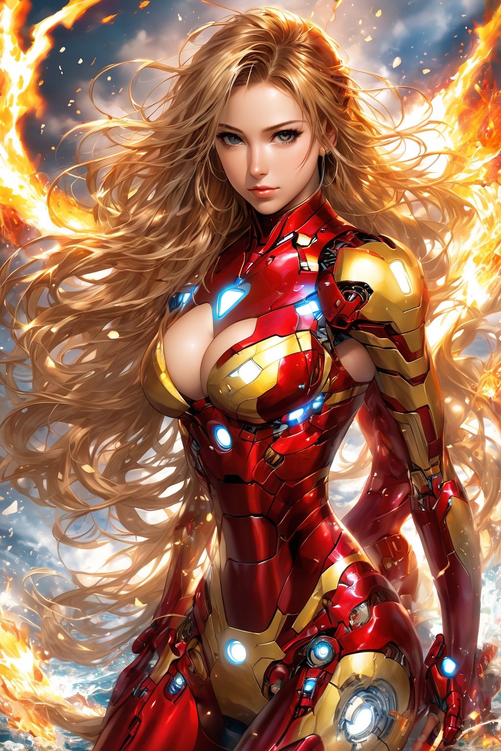 photograph of a beautiful 19 year old woman, delicate features, full body, long hair, ponytail, earrings, hair ornaments, iron man bathing suit, flirtatious energy, bikini hentai,gradient burn, masterpiece nsfw, epic nsfw, funny, cute and sassy, wink, perfect aspect,perfect features, gorgeous, ripped uniform, sexy battle damage, crazy sexy,amped stripper,EpicLogo NSFW. money pile background perfect breasts, high energy, glow burn