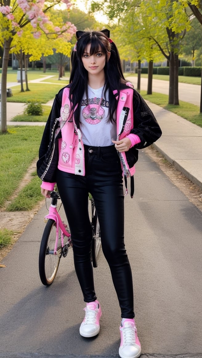 Lovely cute young attractive indian girl, 25 years old, cute long black_hair, black hair, They are wearing a pink , patterned Jen's jacket and black jeans, varsity jacket , white shoes. Riding bike
