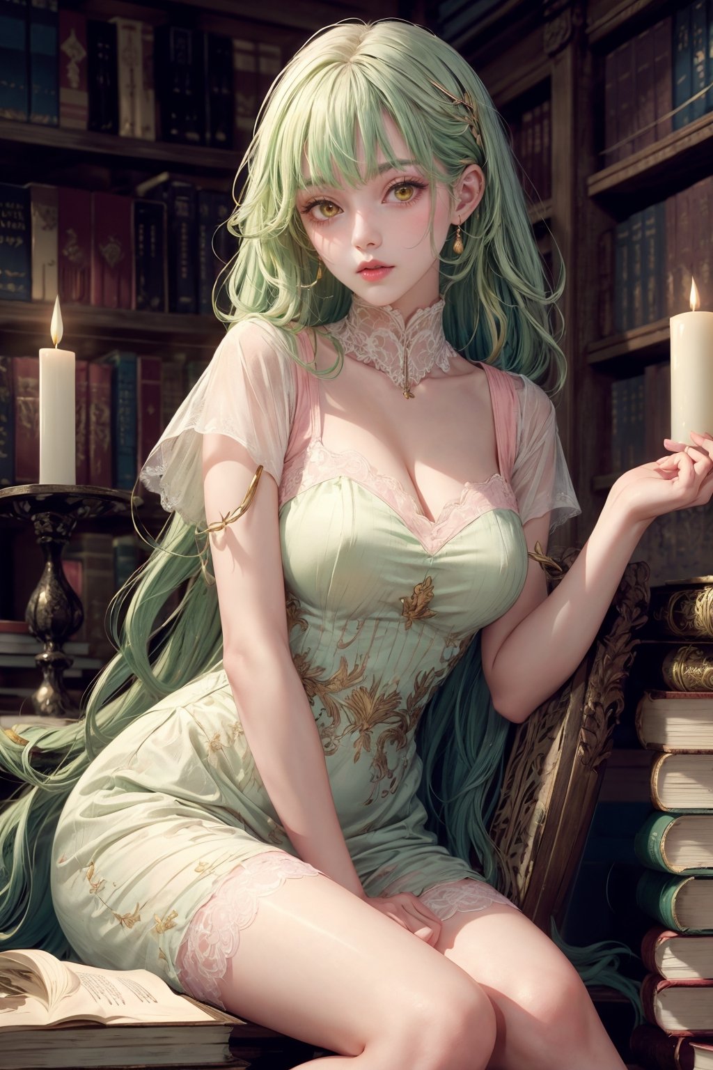 An incredibly beautiful girl, pink lips, flushed cheeks, long green hair curled in a wave, white skin, yellow eyes, wearing a period dress, old library scene with several books around, bookshelf, candles illuminating the rustic environment.