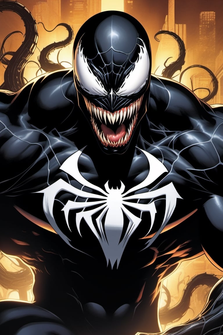 Venom, imposing anti-hero, action pose, a sleek black symbiotic suit, a monstrous mouth full of sharp teeth, a long tongue, a large white spider symbol on his chest horror, detailed face, Mike deodato style.