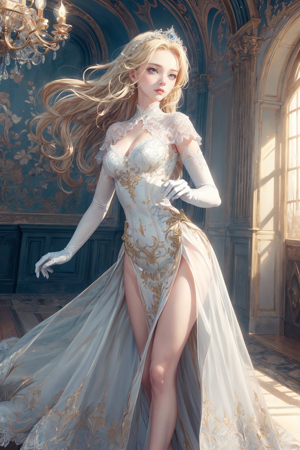 (best quality+best lighting+best masterpiece), (expressive+detailed+emotional eyes), (extremely detailed 8k CG unit wallpaper), (detailed hair+well illustrated), a girl with long blonde hair, white, papery skin, pearly blue eyes, expressive, with emotions, wearing a pretty princess dress, white silk gloves, dress with transparent lace and ruffles, long blonde hair, in a curly cascade beautiful dance hall scenery background, (good+cinematic lighting)