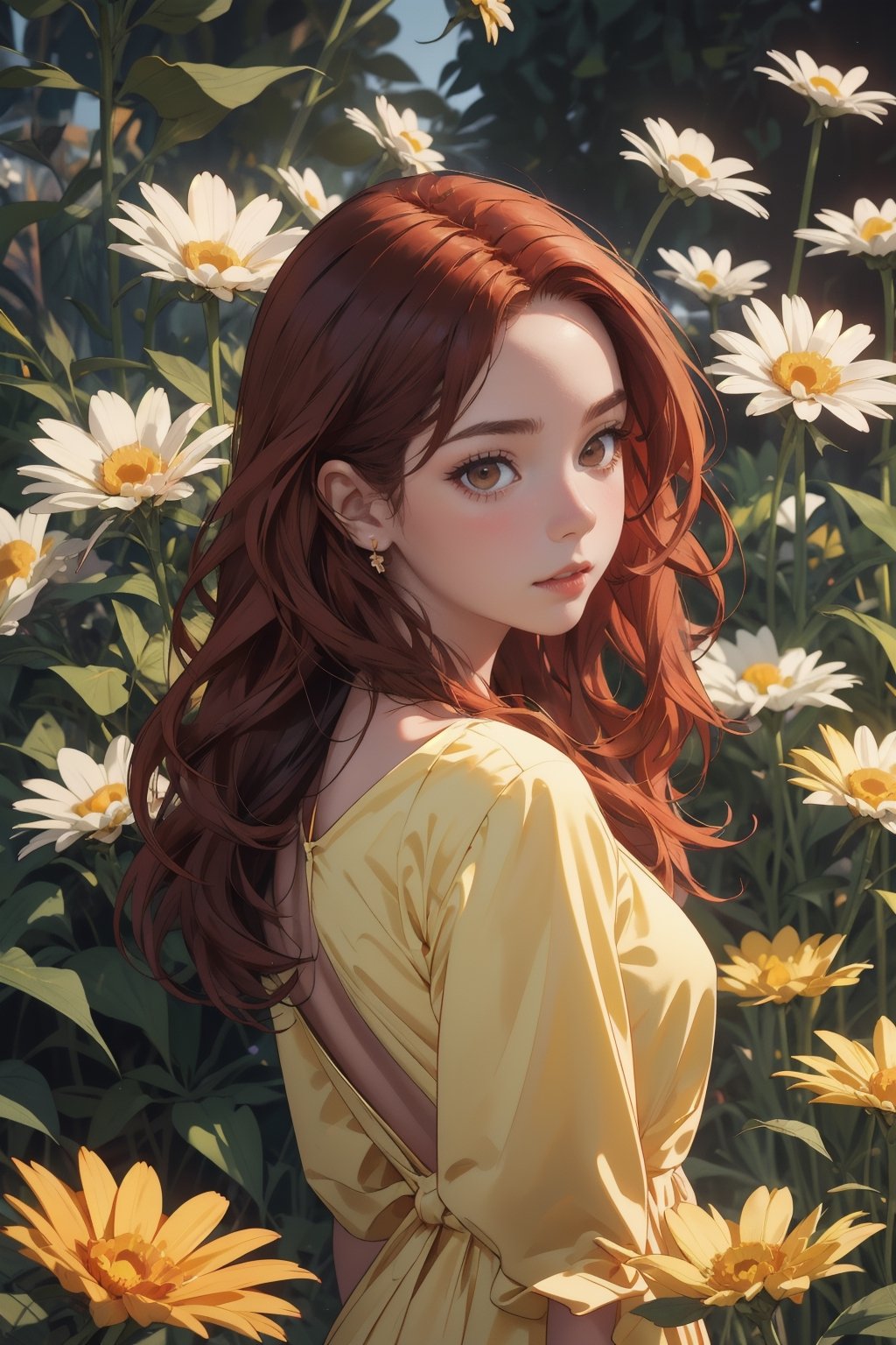 (1 Girl) long red hair, brown eyes, brown_skin, wearing a beautiful yellow flowered dress, daisy garden background, low lighting, detailed_eyes, detailed_face, detailed_hands, backgroung_detailed, cinema_lighting, colorful_portrait, Midjourney, full_body, midjourney style.