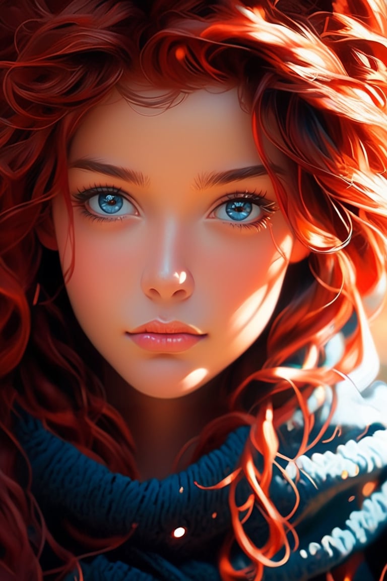 Photorealistic portrait of Hyperrealistic character by Alena Aenami, beautiful red haired woman, with beautiful blue eyes, detailed and realistic, looking to viewer, soft and dreamy hues, cinematic light and shadows 
