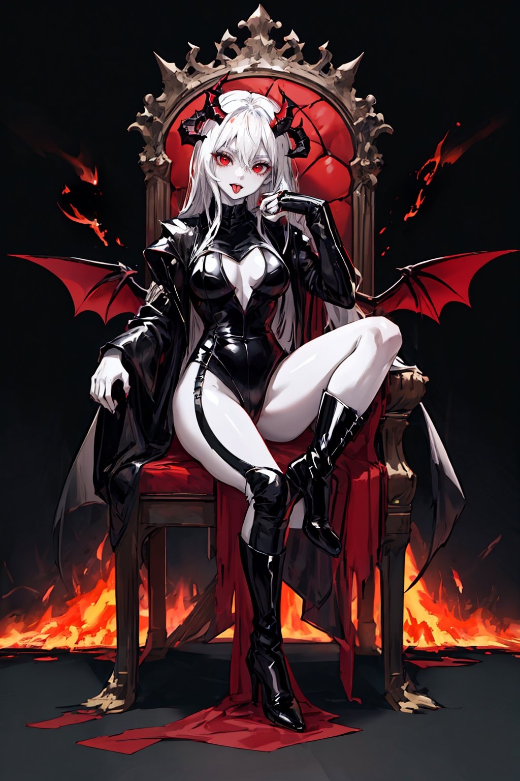 A succubus, expressive face, intense and red eyes, white and pale skin, with its tongue out, horns on its head, wearing a skin-tight outfit closed to the body, background in flames, fire, hell, bat wings on his back, full_body, wearing black leather boots with high heels, sitting on a black iron throne.