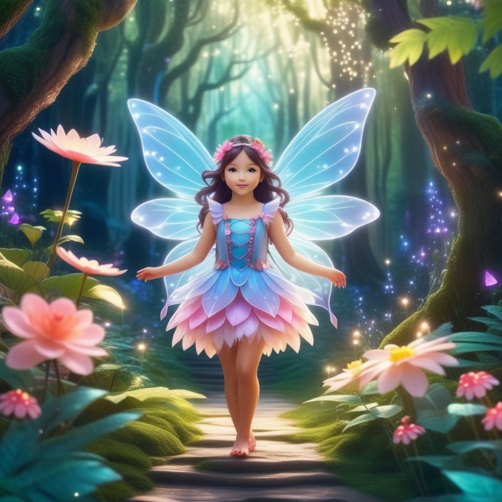 beautiful kawaii fairy girl in a magical enchanted forest, perfect composition, 2D, 8K, intricate detail, masterpiece