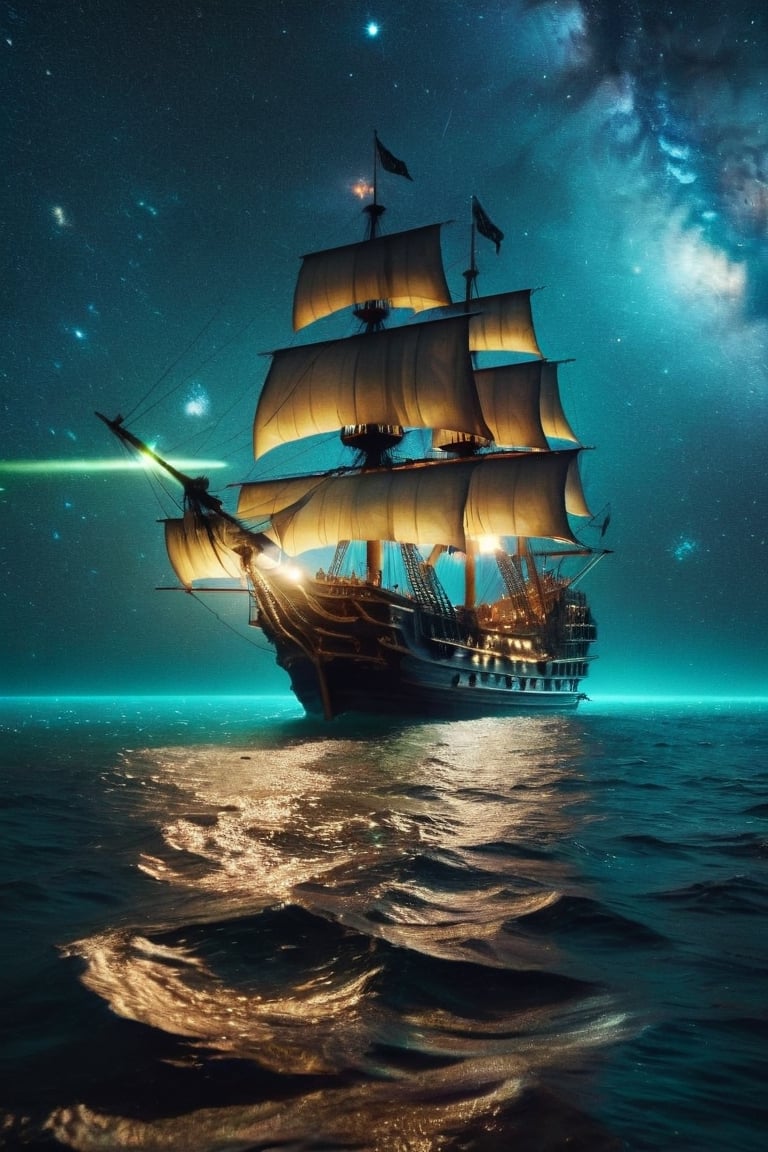 space-themed Pirate ship sailing into a bioluminescence sea with a galaxy in the sky), epic, 4k, ultra . cosmic, celestial, stars, galaxies, nebulas, planets, science fiction, highly detailed, RAW candid cinema, 16mm, color graded portra 400 film, remarkable color, ultra realistic, textured skin, remarkable detailed pupils, realistic dull skin noise, visible skin detail, skin fuzz, dry skin, shot with cinematic camera