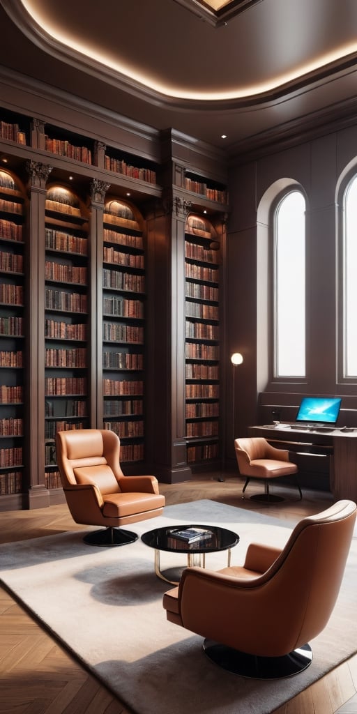 (8K, raw photo, highest quality, Masterpiece: 1.2), A luxurious Futuristic library with small windows and huge bookshelves, a large imposing desk, a comfortable chair,
Detailed background denoting high-class, elegance, sophistication, luxury, wealth.
(The scene happens in a luxurious elegant Futuristic library),