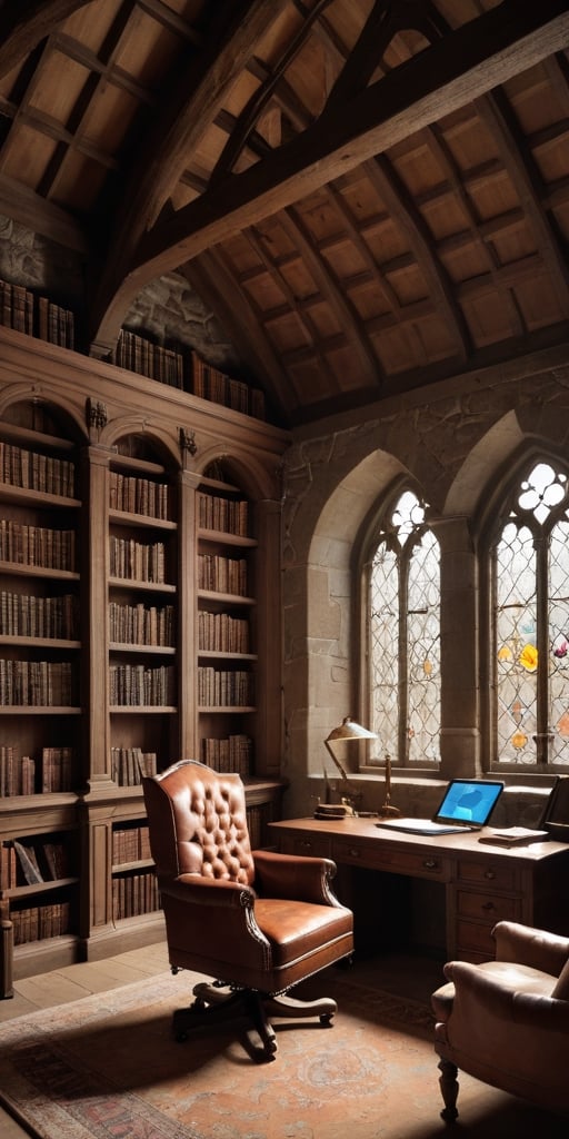 (8K, raw photo, highest quality, Masterpiece: 1.2), A luxurious medieval studio with small windows and huge bookshelves, a large imposing desk, a comfortable chair,
Detailed background denoting high-class, elegance, sophistication, luxury, wealth.
(The scene happens in a luxurious elegant medieval studio),