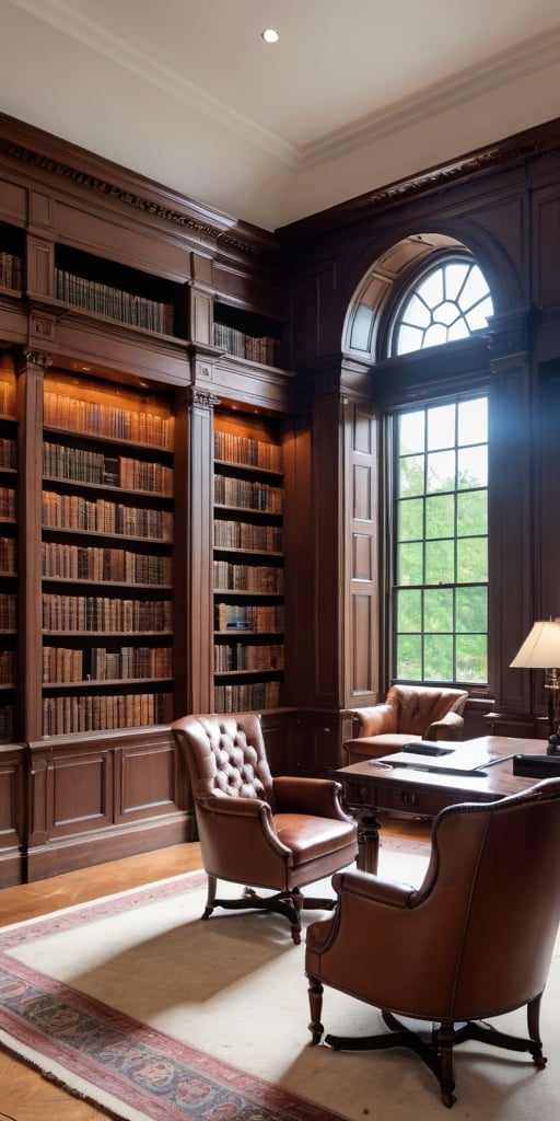 (8K, raw photo, highest quality, Masterpiece: 1.2), A luxurious Hampton library with small windows and huge bookshelves, a large imposing desk, a comfortable chair,
Detailed background denoting high-class, elegance, sophistication, luxury, wealth.
(The scene happens in a luxurious elegant Hampton library),