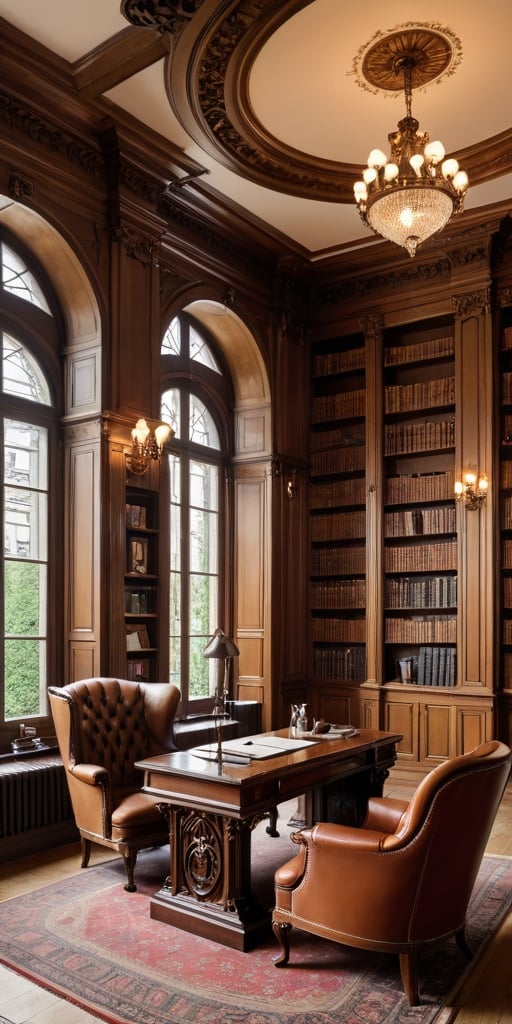 (8K, raw photo, highest quality, Masterpiece: 1.2), A luxurious Art Nouveau library with small windows and huge bookshelves, a large imposing desk, a comfortable chair,
Detailed background denoting high-class, elegance, sophistication, luxury, wealth.
(The scene happens in a luxurious elegant Art Nouveau library),