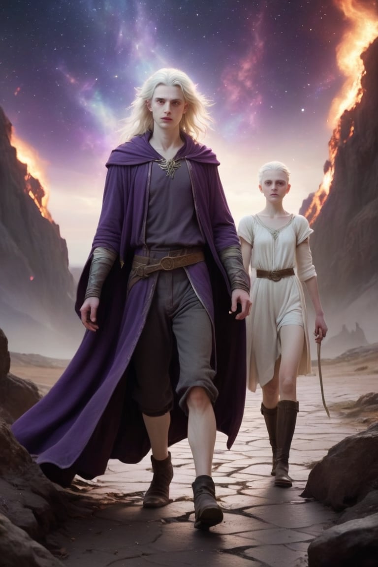 fantasy portrait of two characters, ((one male character in land)), ((one female character in heaven)), (((one young male cleric of magic is walking in hell))),(((his pale face in the foreground shows a young manly face, badly shaved and poorly groomed, he is short and skinny, his body is weak and unappealing, his jaded and shabby looks show his high experience, wisdom and hope))), (((the sky is dominated by a motherly goddess, the purple robes of the goddess cover the sky with deep color and shiny stars, her flowing hair and shiny aura fills the sky with dark colors and brilliant diamond stars))), the land is shattered by lava and destruction and skulls and disgrace, the land is hell and the sky is paradise,
,fantasy art