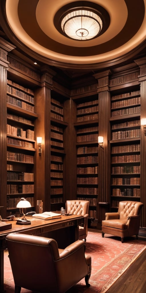 (8K, raw photo, highest quality, Masterpiece: 1.2), A luxurious Art Deco library with small windows and huge bookshelves, a large imposing desk, a comfortable chair,
Detailed background denoting high-class, elegance, sophistication, luxury, wealth.
(The scene happens in a luxurious elegant Art Deco library),