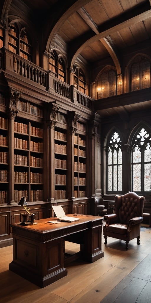 (8K, raw photo, highest quality, Masterpiece: 1.2), A luxurious medieval library with small windows and huge bookshelves, a large imposing desk, a comfortable chair,
Detailed background denoting high-class, elegance, sophistication, luxury, wealth.
(The scene happens in a luxurious elegant medieval library),
