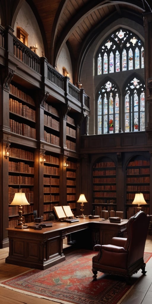 (8K, raw photo, highest quality, Masterpiece: 1.2), A luxurious medieval rpg fantasy library with small windows and huge bookshelves, a large imposing desk, a comfortable chair,
Detailed background denoting high-class, elegance, sophistication, luxury, wealth.
(The scene happens in a luxurious elegant medieval rpg fantasy library),