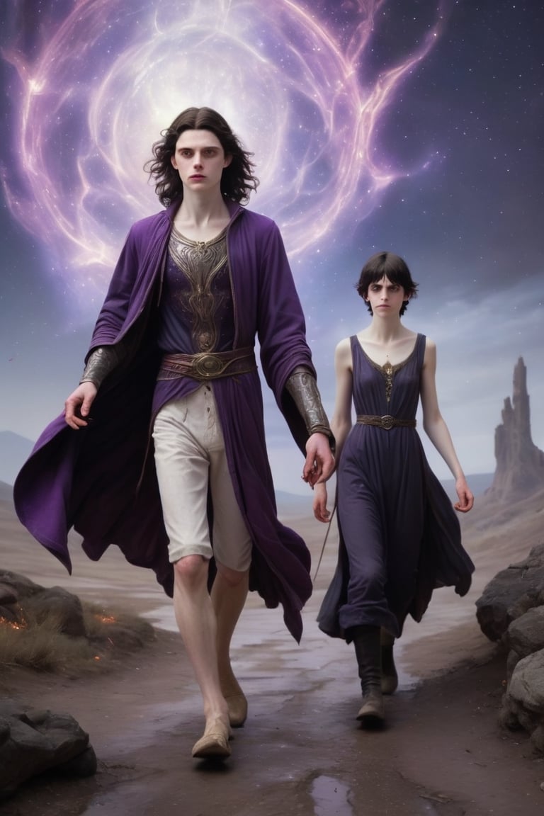 ((fantasy portrait of one man on land and one goddess in heaven)), (((one young male cleric of magic is walking in hell, his pale face in the foreground shows a young manly face, short black hair, badly shaved and poorly groomed, he is short and skinny, his body is weak and unappealing, his jaded and shabby looks show his high experience, wisdom and hope))), (((the sky is dominated by a mystic woman, a motherly goddess, her purple robes cover the sky with deep color and shiny stars, her flowing hair and shiny aura fills the sky with dark colors and brilliant diamond stars))), the land is shattered by lava and destruction and skulls and disgrace, the land is hell and the sky is paradise,
,fantasy art