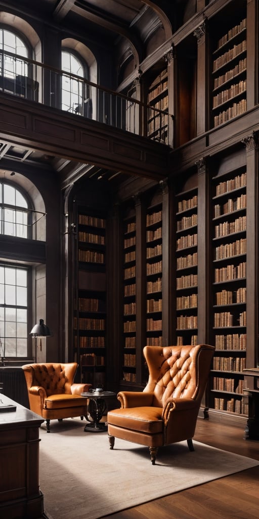 (8K, raw photo, highest quality, Masterpiece: 1.2), A luxurious Industrial library with small windows and huge bookshelves, a large imposing desk, a comfortable chair,
Detailed background denoting high-class, elegance, sophistication, luxury, wealth.
(The scene happens in a luxurious elegant Industrial library),