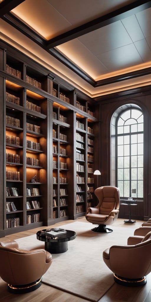 (8K, raw photo, highest quality, Masterpiece: 1.2), A luxurious Futuristic library with small windows and huge bookshelves, a large imposing desk, a comfortable chair,
Detailed background denoting high-class, elegance, sophistication, luxury, wealth.
(The scene happens in a luxurious elegant Futuristic library),