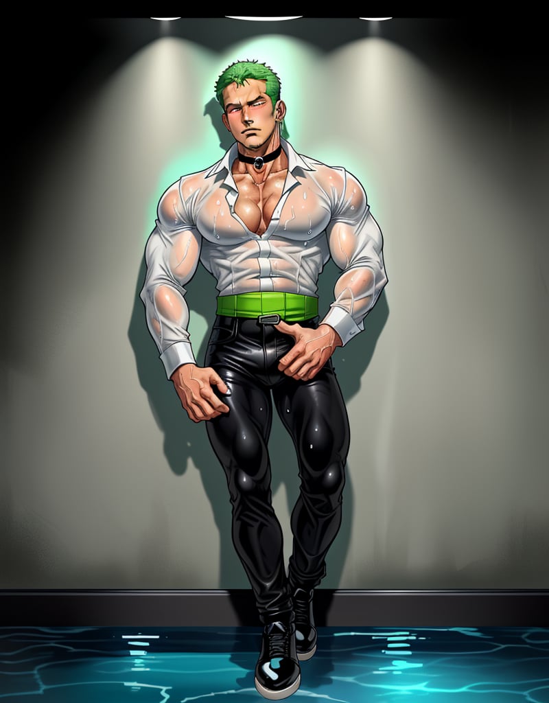 Roronoa Zoro (6 feet tall). athletic bodytype. more muscles. sweaty body. messy hair.man body.muscular.
show Roronoa Zoro wearing earrings. choker. elegant unbottoned white shirt with Long sleeves,  half rolled up , black leather pants, elegant black shoes.
location: room with pool , neon light on walls and black floor. night time. NYC view.
Zoro is bathing in the pool, his body is in the water. look: blushing and sweating. wet shirt. wet hair. wet body
ultra 4k. 