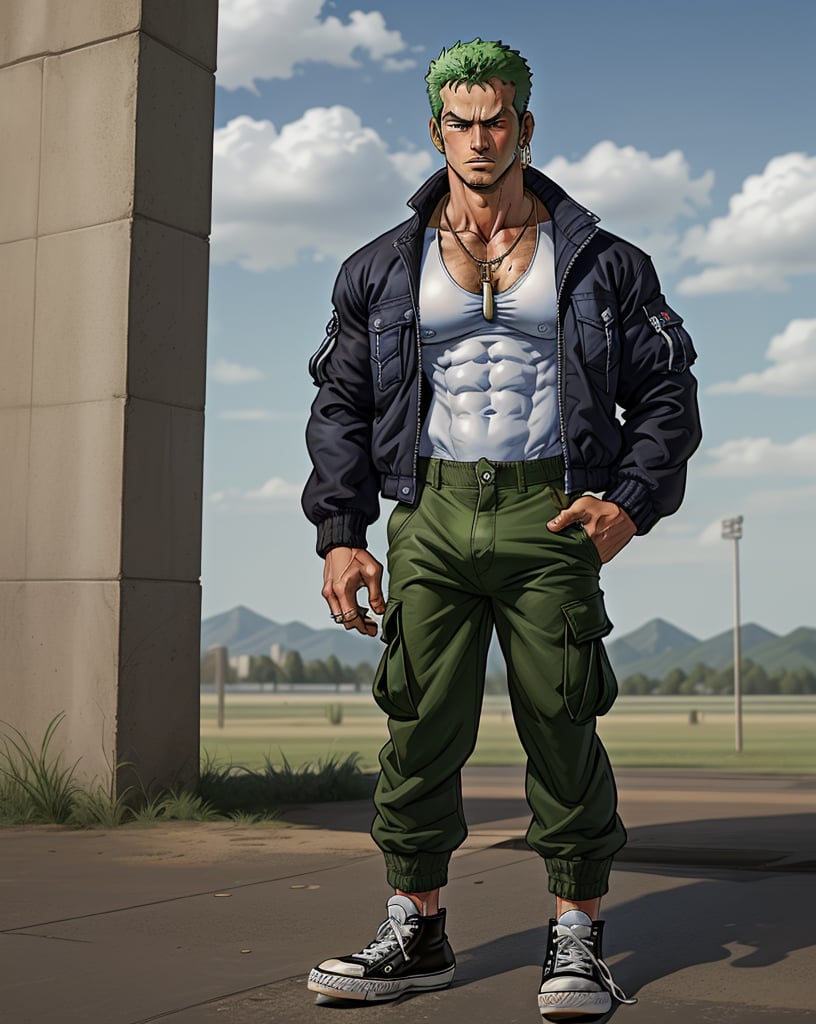 Roronoa Zoro. muscular body
wearing black and blue jacket, tanktop, cargo pants, converse, necklace, ring
very sweaty, hot body, athletic.
outdoor 