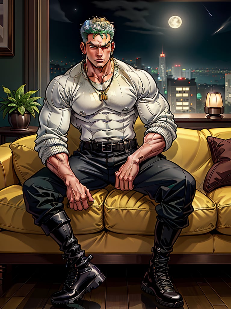Roronoa Zoro. muscular body. athletic bodytype.
wearing wide black urban jacket. white sweater. earrings. silver necklace. black cargo pants with belt. black rock boots.
he is in living room. 1 person only. alone. night time. sit on sofa.