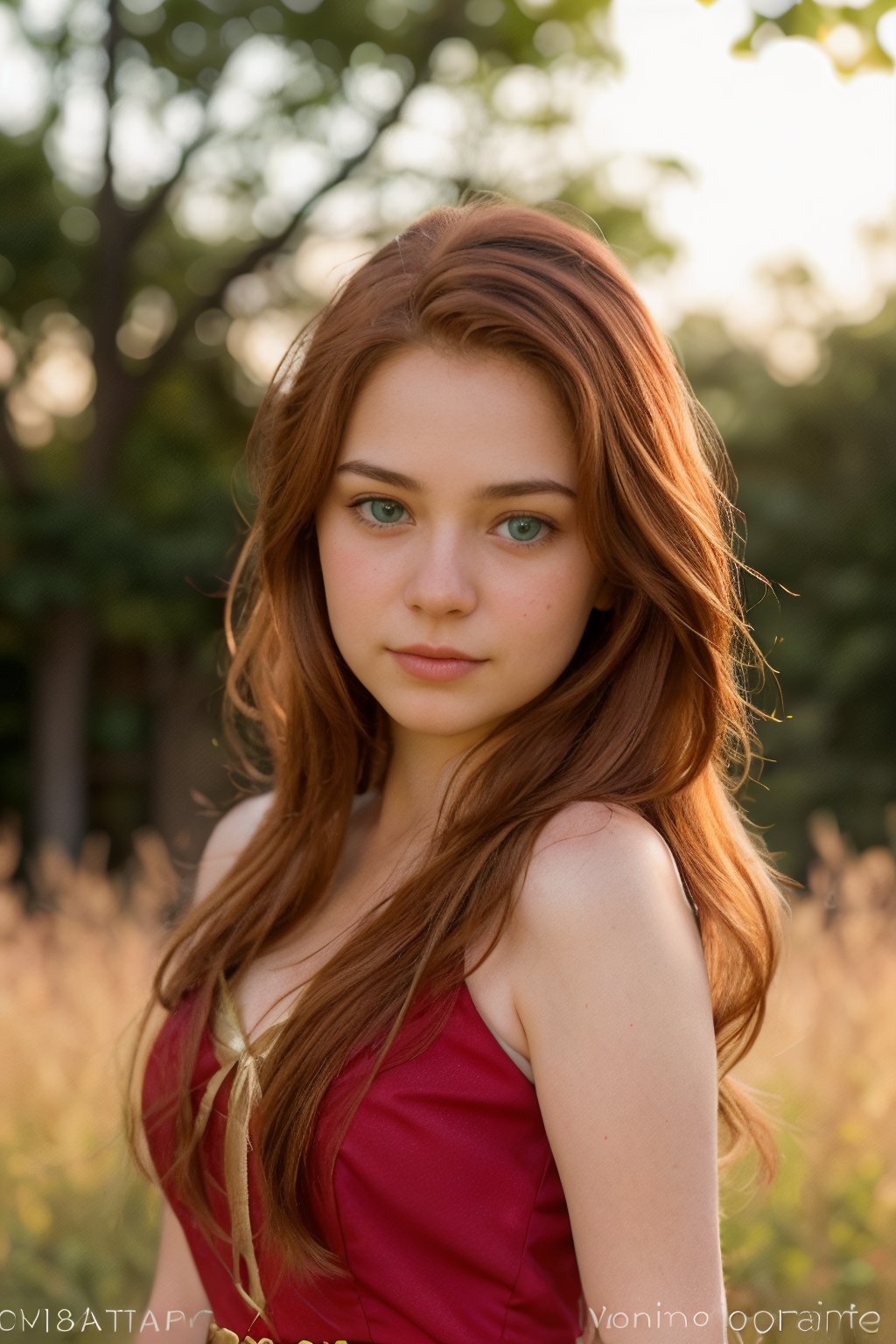 Realistic portrait of a woman with flowing auburn hair, wearing a crimson dress that complements her green eyes. She stands against a backdrop of soft, golden evening sunlight, casting a gentle warmth on her features. mt-christy