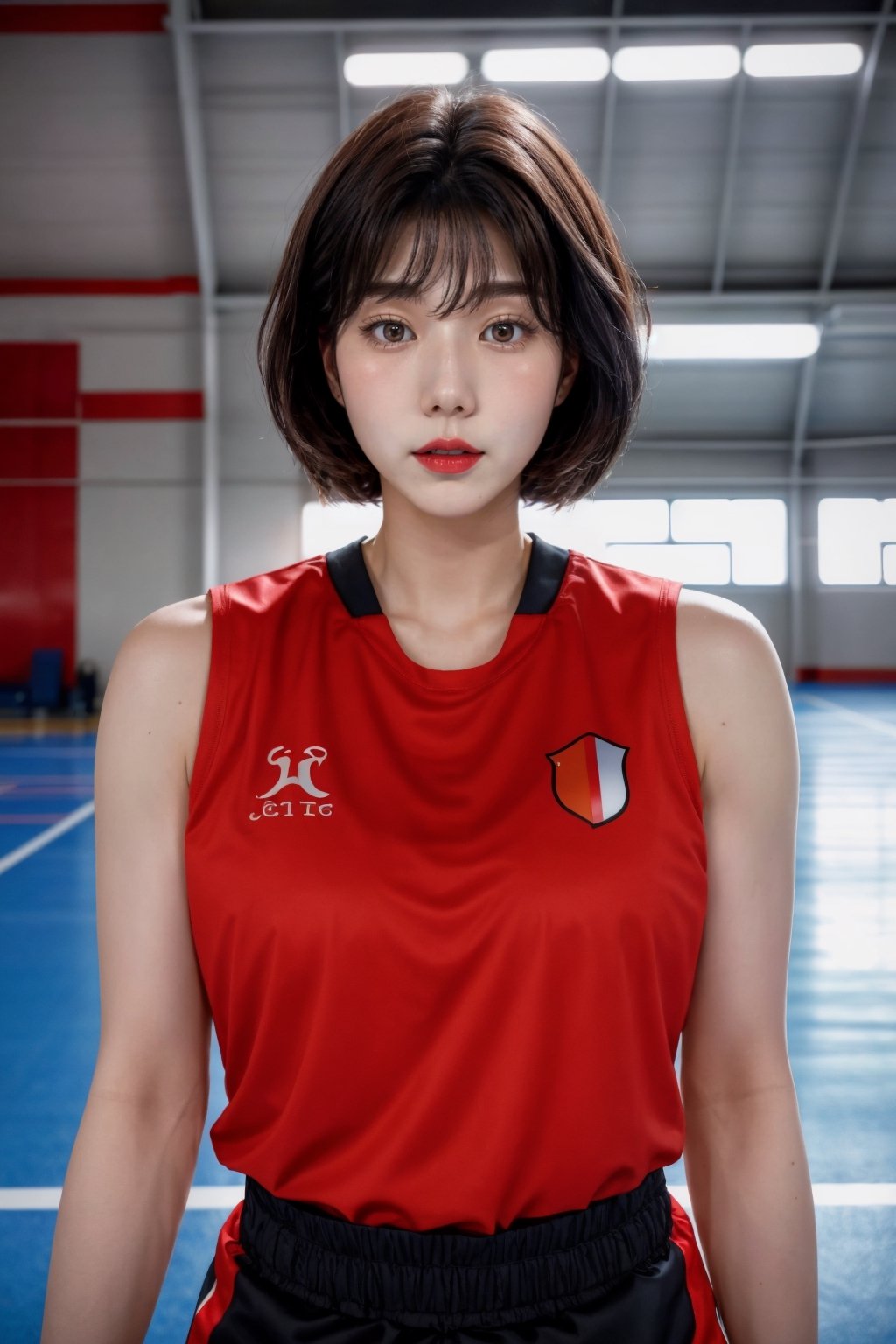 portrait photography capturing a surreal of mt-leesoyoung, wearing black and red sleeveless jersey, standing in the the gym with serene grace, close up shot, gymnasium, natural light, masterpiece, 8k, ultra high definition, taken with 50mm lens on Fujifilm XT4, in style of Liam Wong, ,mt-leesoyoung