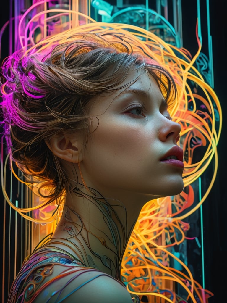 1girl, in the style of double exposure, neon art nouveau, long exposure, wimmelbilder, layered lines, neonpunk, chiaroscuro, best quality, masterpiece, highres, absurdres, incredibly absurdres, huge filesize, wallpaper, colorful,8K,RAW photo , artchlr