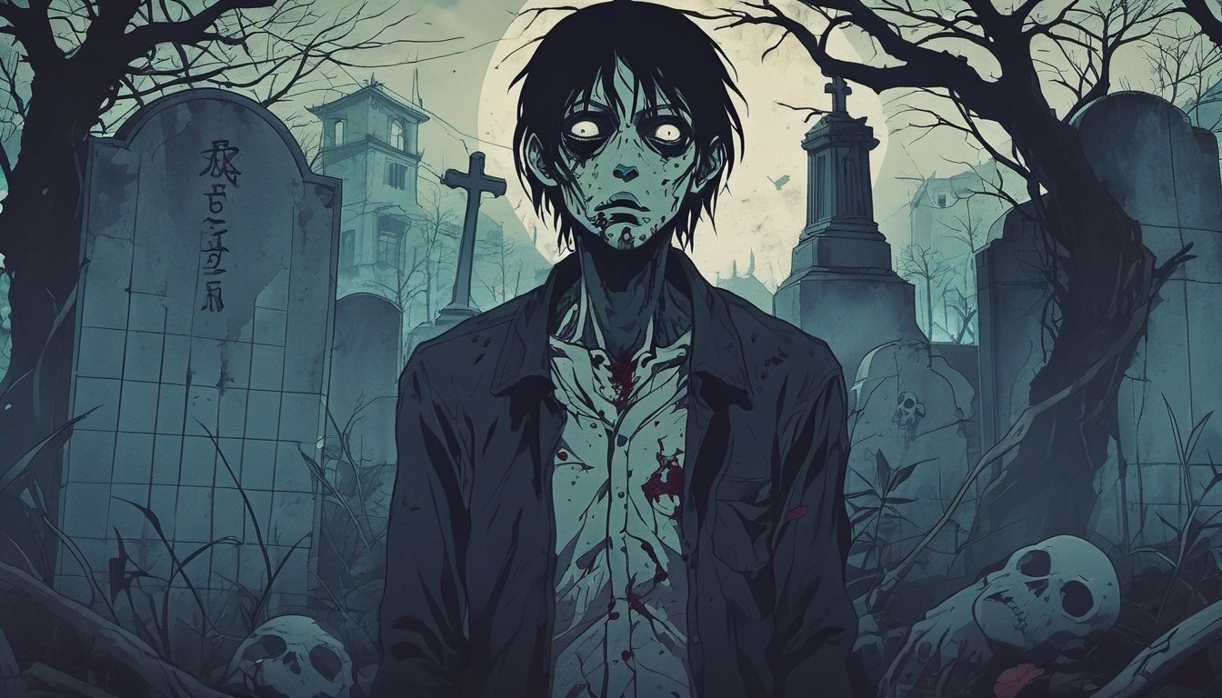 dark anime, a zombie in a graveyard   