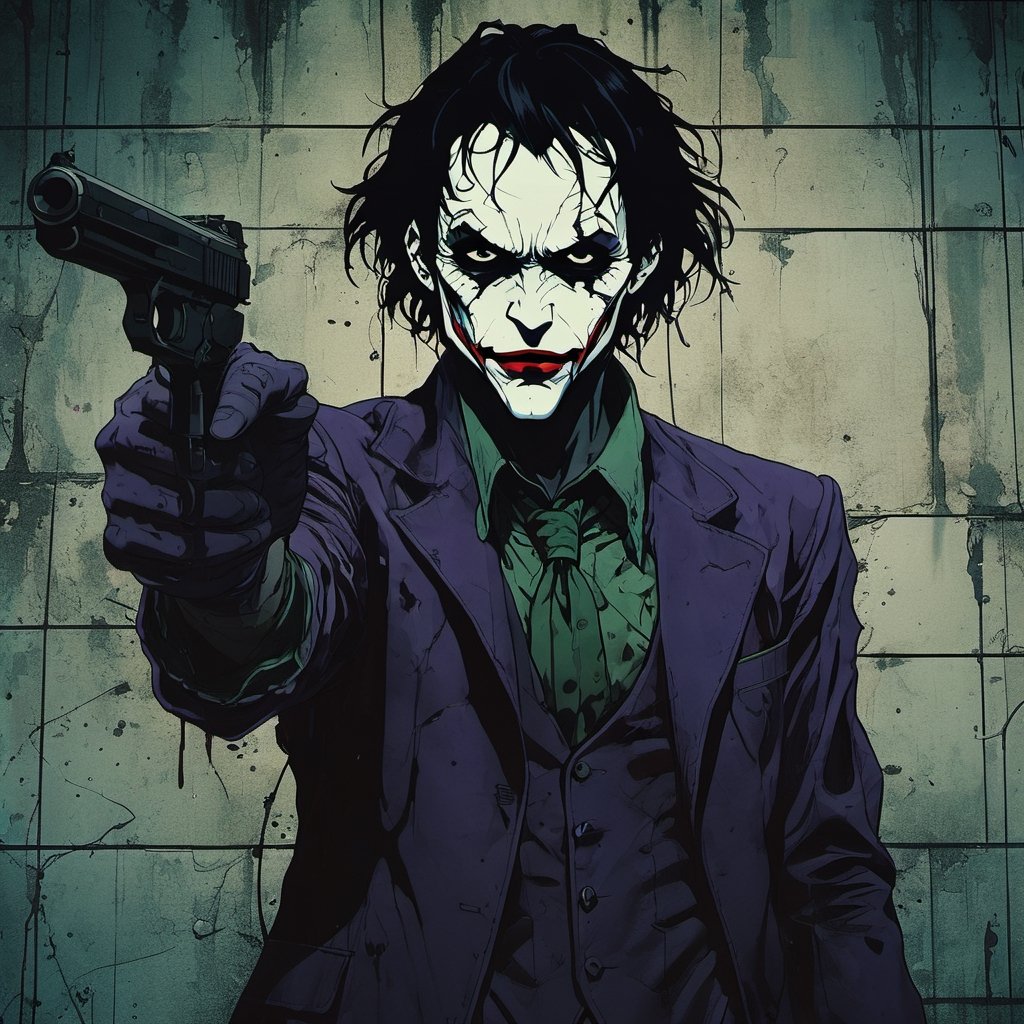 dark anime, The Joker pointing a gun to the viewer    