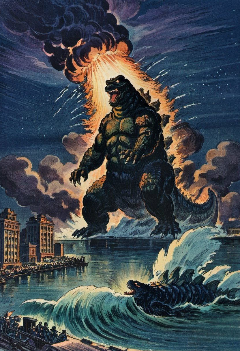 vintage illustration, godzilla rising from the sea, atomic bomb explosions over a cityscape in the background, at night, dark and gritty,