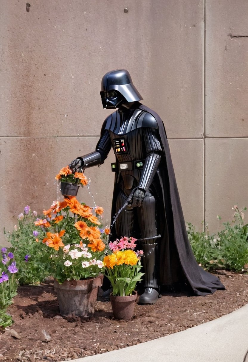 rusty Darth Vader robot watering flowers