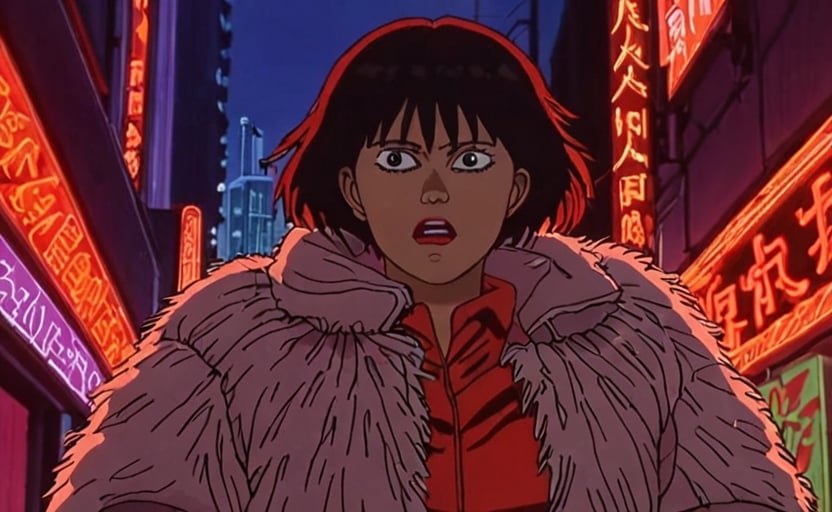 a frame of a animated film of  woman prostitute on the street, wearing a fuzzy jacket, red lighting, neon lights, new tokyo, 1girl, solo, style akirafilm 