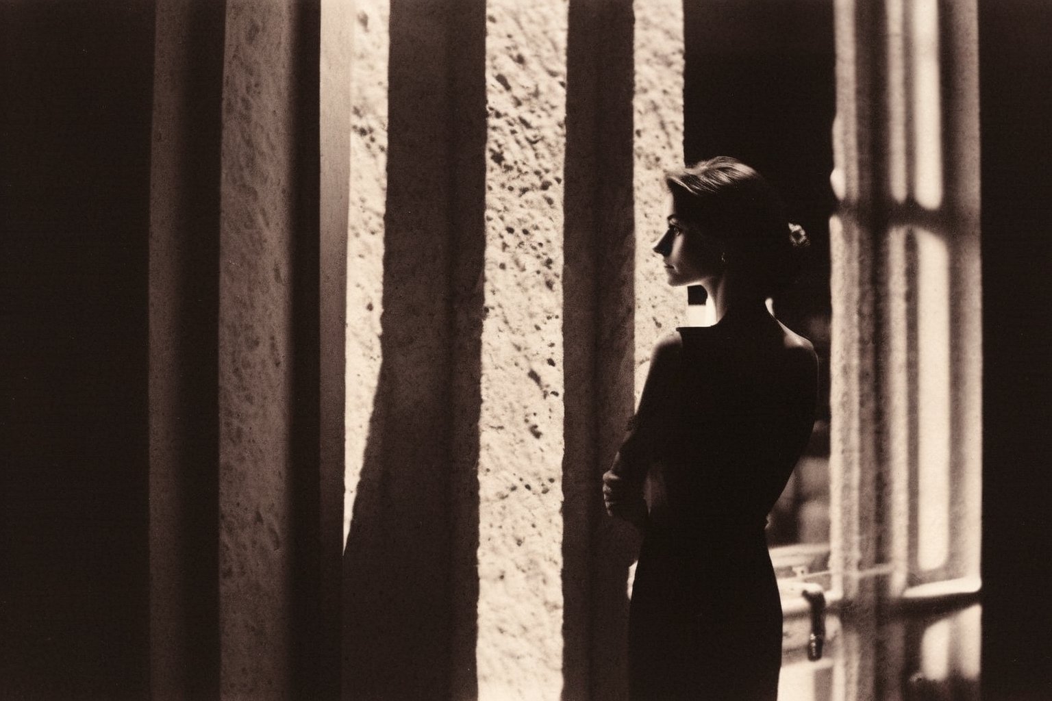 lith_argenta_bromBN1W, portrait photo of an Italian woman looking out of a window, natural skin texture, hard shadows, film grain