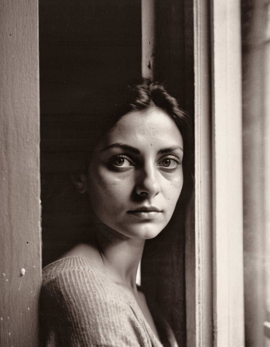 lith_argenta_bromBN1W, instagram photo, portrait photo of an Italian woman looking out of a window, detailed eyes, natural skin texture, hard shadows, film grain