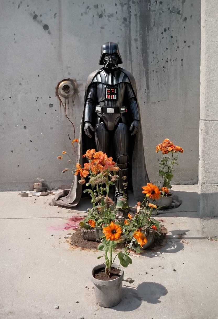 rusty Darth Vader robot watering flowers. industrial decay texture. paint. concrete