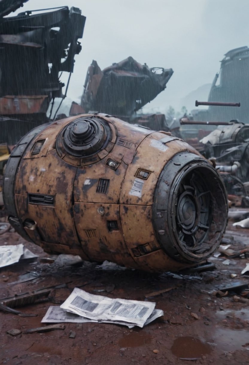 cinematic still of a Trade Federation Droid wreckage on a junkyard, rain, paper, 4k, uhd, masterpiece