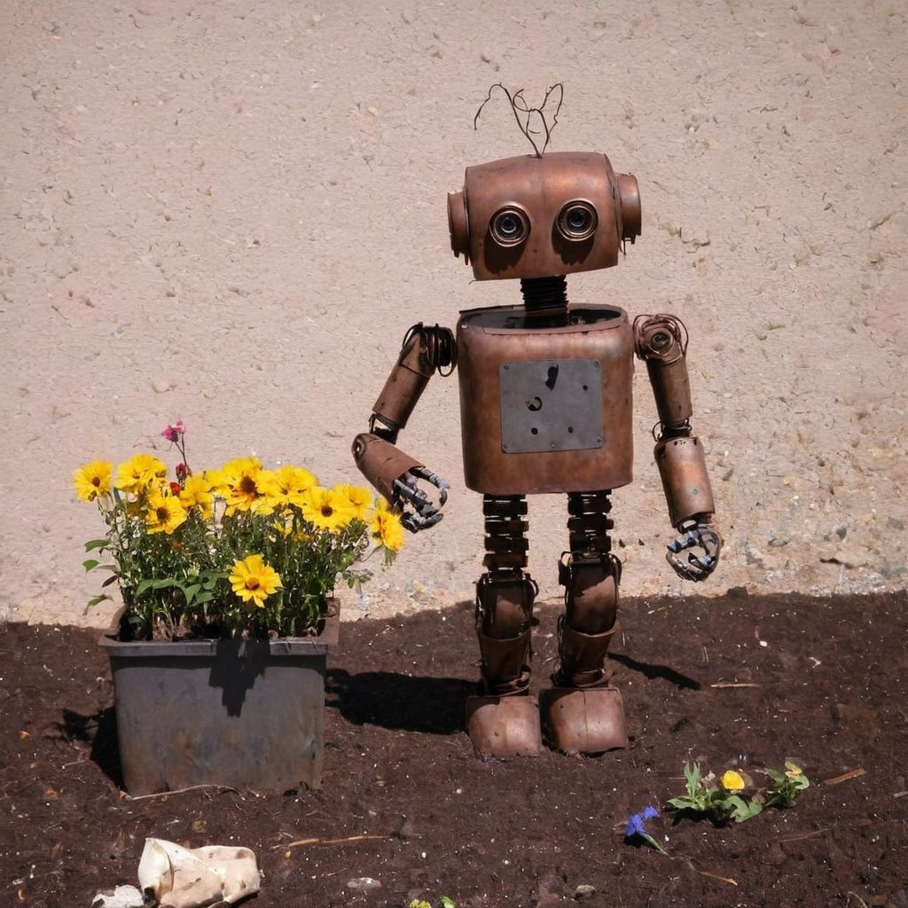 rusty robot planting flowers