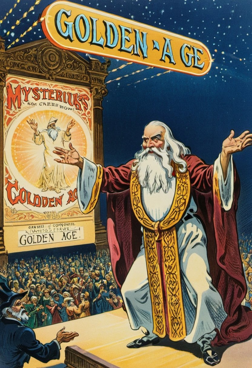 vintage illustration, mysterious wizard whitebeard with arms outstretched, standing in front of a massive illuminated game show sign that reads "Golden Age," bustling crowd in background