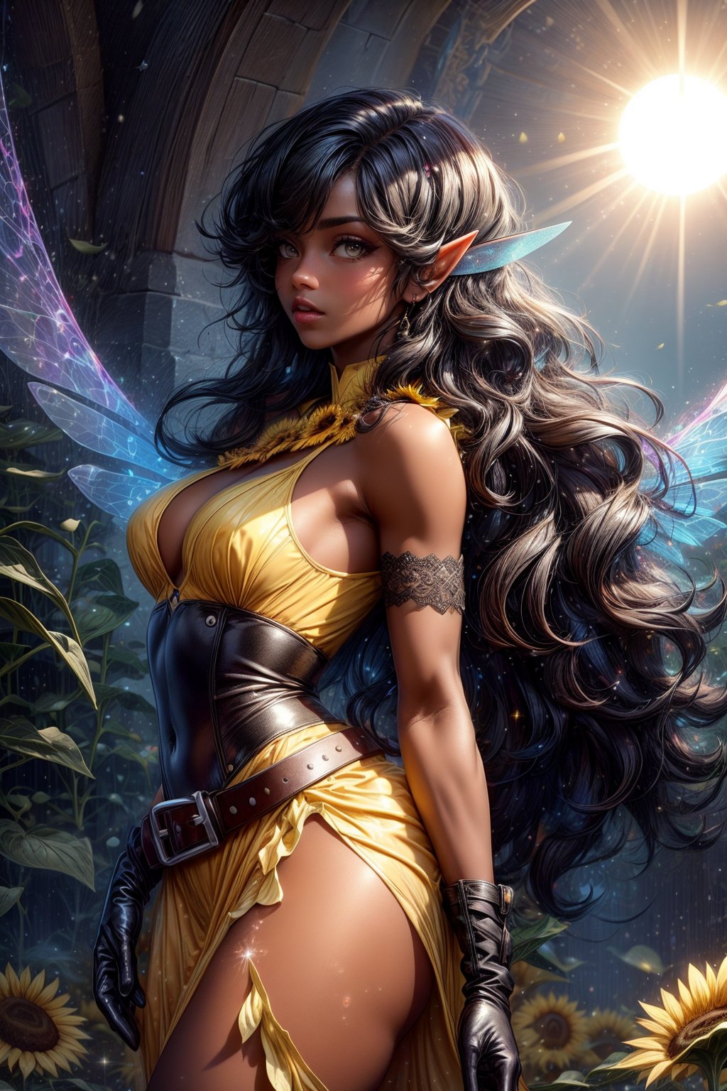 dark skin, a black woman fairy, symmetric perfect fairy wings, perfect face, sun light day sunflower background, highly detailed, bright eyes, sexy cut out yellow dress, shine, pixie dust, magic dust, wavy black long hair, leather belt, gloves, DonMF41ryW1ng5