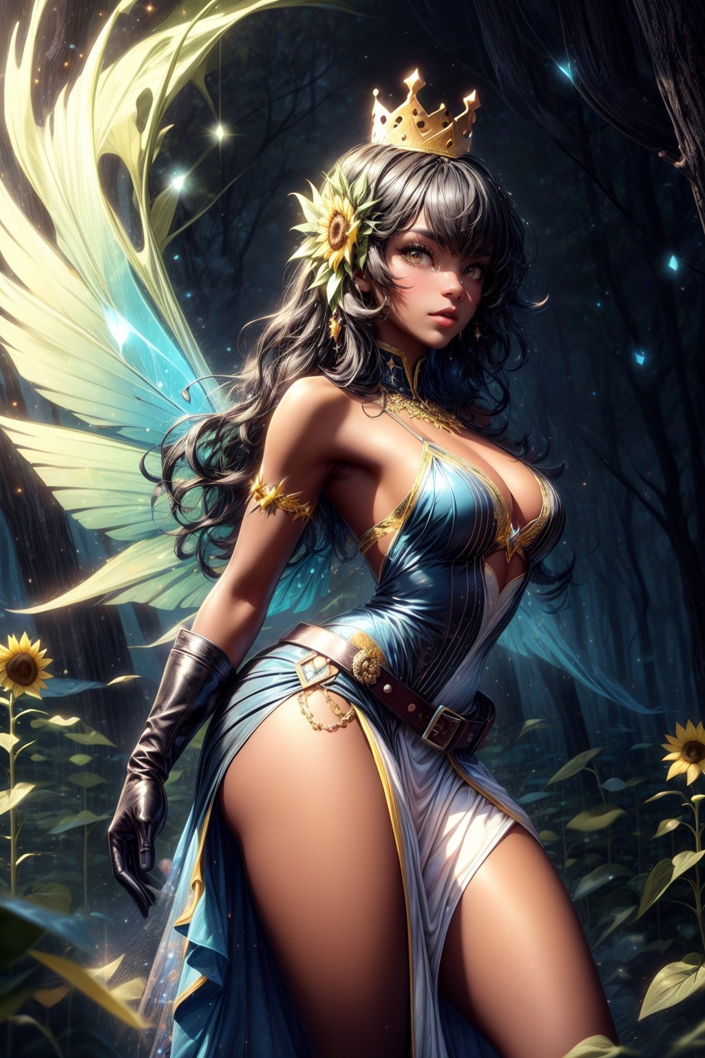 dark skin, a black woman fairy, symmetric perfect fairy wings, perfect face, light day sunflower forest background, highly detailed, bright eyes, sexy cut out dress yellow, shine, sparkling glitter, pixie dust, magic dust, wavy black long hair, leather belt, yellow crown, gloves, DonMF41ryW1ng5