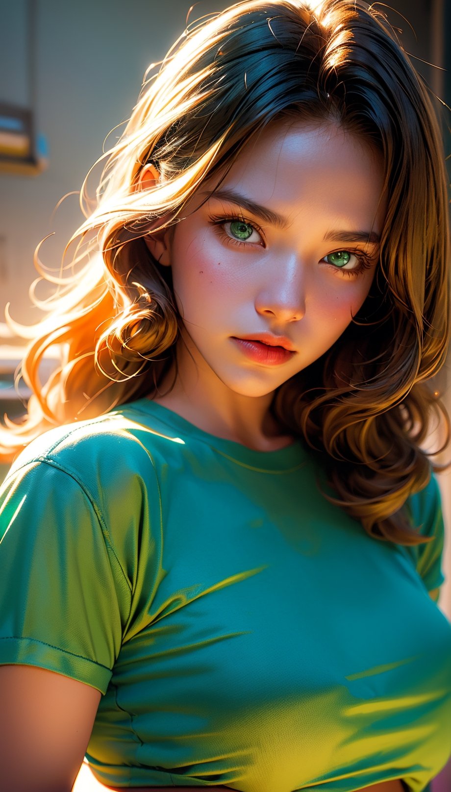 (RAW photo, 4k, masterpiece, high resolution, extremely complex) (realistic: 1.4), cinematic lighting, 1 Girl, Solo Focus, Summer Noon, Hot, 1990s (Style), Denim Lens, Indoor, Short Sleeve  yellow T-shirt, wavy_ golden hair, green eyes, red lipps, frekkels, palm trees background