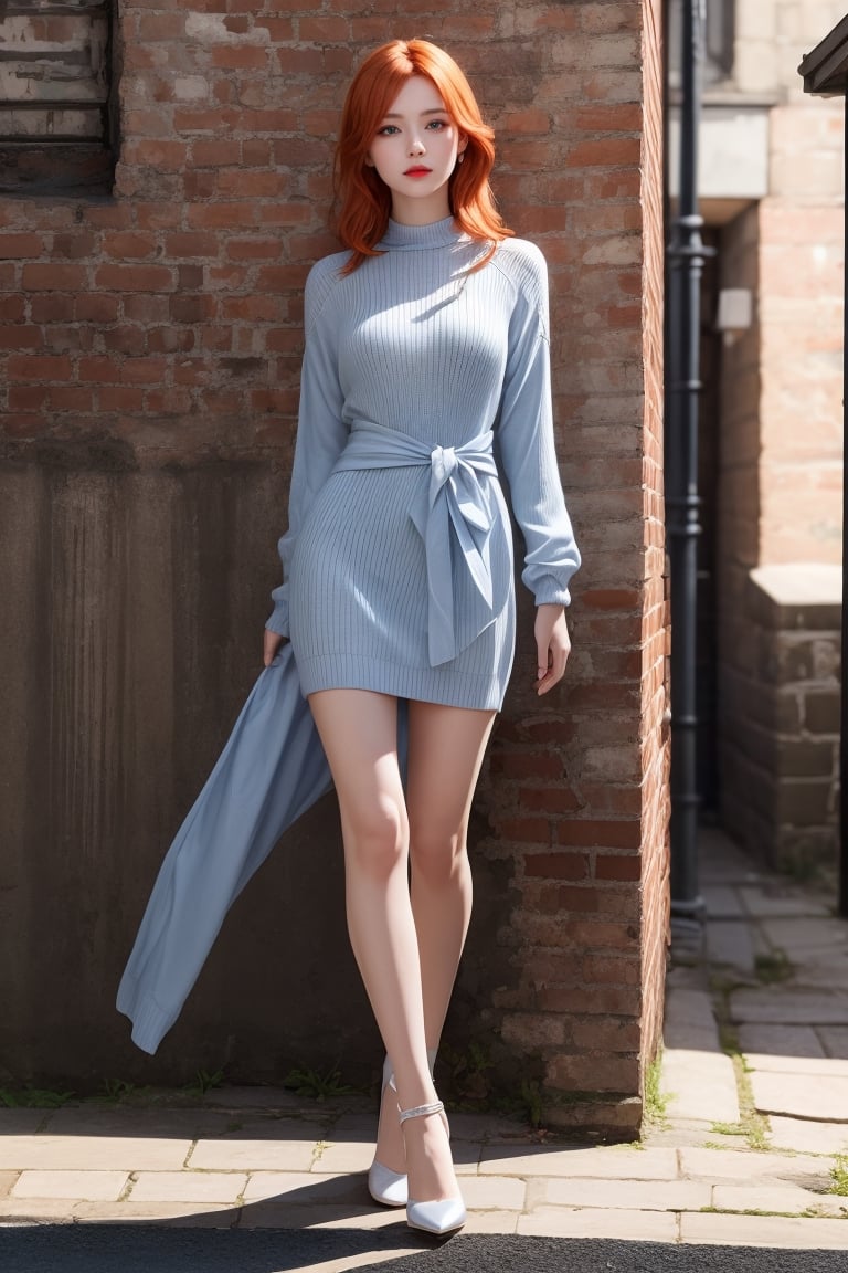 Full Body beautiful orange-haired, blue - eyed young woman in stylish scotish clothing looking at the camera, with perfect lighting and composition, highly detailed hair, red lips, brick wall background