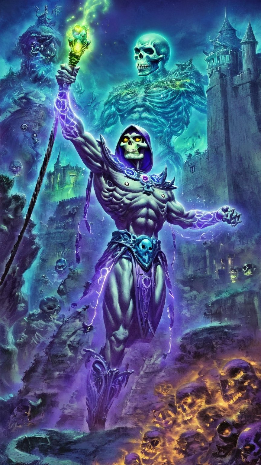 One male, Skeletor, Masters of the Universe, ran skull staff, purple aura, fire, world, soul, darkness, castle greyskull, black, fear, thorny face,dark anime,vintage_p_style, 16k, high definition, HDR, neon colors