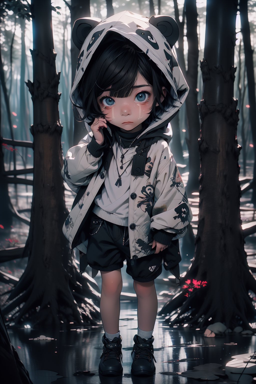 best quality, masterpiece, beautiful and aesthetic, vibrant color, Exquisite details and textures,  Warm tone, ultra realistic illustration,	(cute European Boy, 5year old:1.5),	(Forest theme:1.4),	cute eyes, big eyes,	(a tearful look:1.2),	16K, (HDR:1.4), high contrast, bokeh:1.2, lens flare,	siena natural ratio, children's body, anime style, 	Full length view,	brown short bob cut with blunt bangs,	wearing a Panda hood, holding a big cotton candy, shorts, white turtleneck,	ultra hd, realistic, vivid colors, highly detailed, UHD drawing, perfect composition, beautiful detailed intricate insanely detailed octane render trending on artstation, 8k artistic photography, photorealistic concept art, soft natural volumetric cinematic perfect light. 