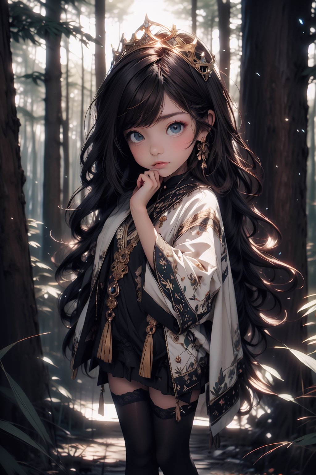 best quality, masterpiece, beautiful and aesthetic, vibrant color, Exquisite details and textures,  Warm tone, ultra realistic illustration,	(cute European girl, 7year old:1.5),	(Forest theme:1.2), a forest full of mysterious trees and flowers,	cute eyes, big eyes,	(a chic look:1.4),	16K, (HDR:1.4), high contrast, bokeh:1.2, lens flare,	siena natural ratio, children's body, anime style, 	head to thigh portrait,	very long curly dark brown hair, 	a white princess dress with gold decorations, tiara, 	ultra hd, realistic, vivid colors, highly detailed, UHD drawing, perfect composition, beautiful detailed intricate insanely detailed octane render trending on artstation, 8k artistic photography, photorealistic concept art, soft natural volumetric cinematic perfect light. 